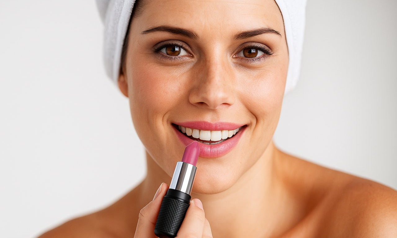a woman model applying satin lipstick