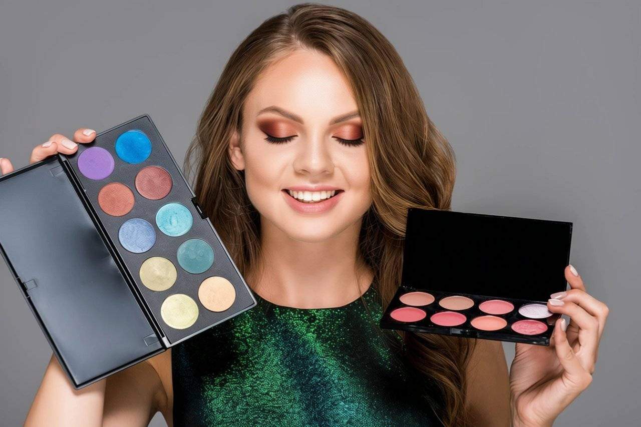 Smiling woman with red brown eyeshadow holding two makeup palettes