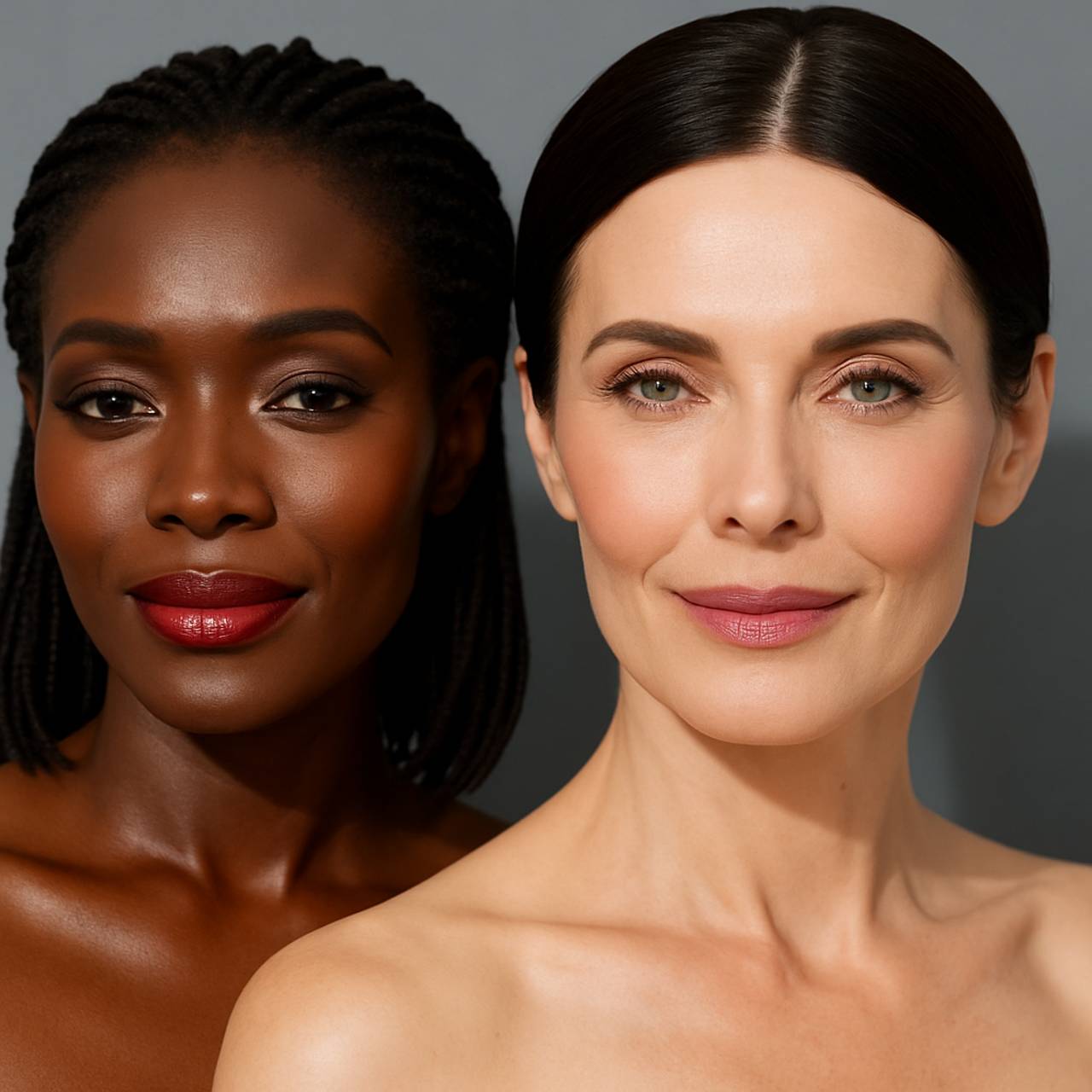Two women with radiant natural glow makeup showcasing soft blush, defined eyes, and hydrating lipstick.