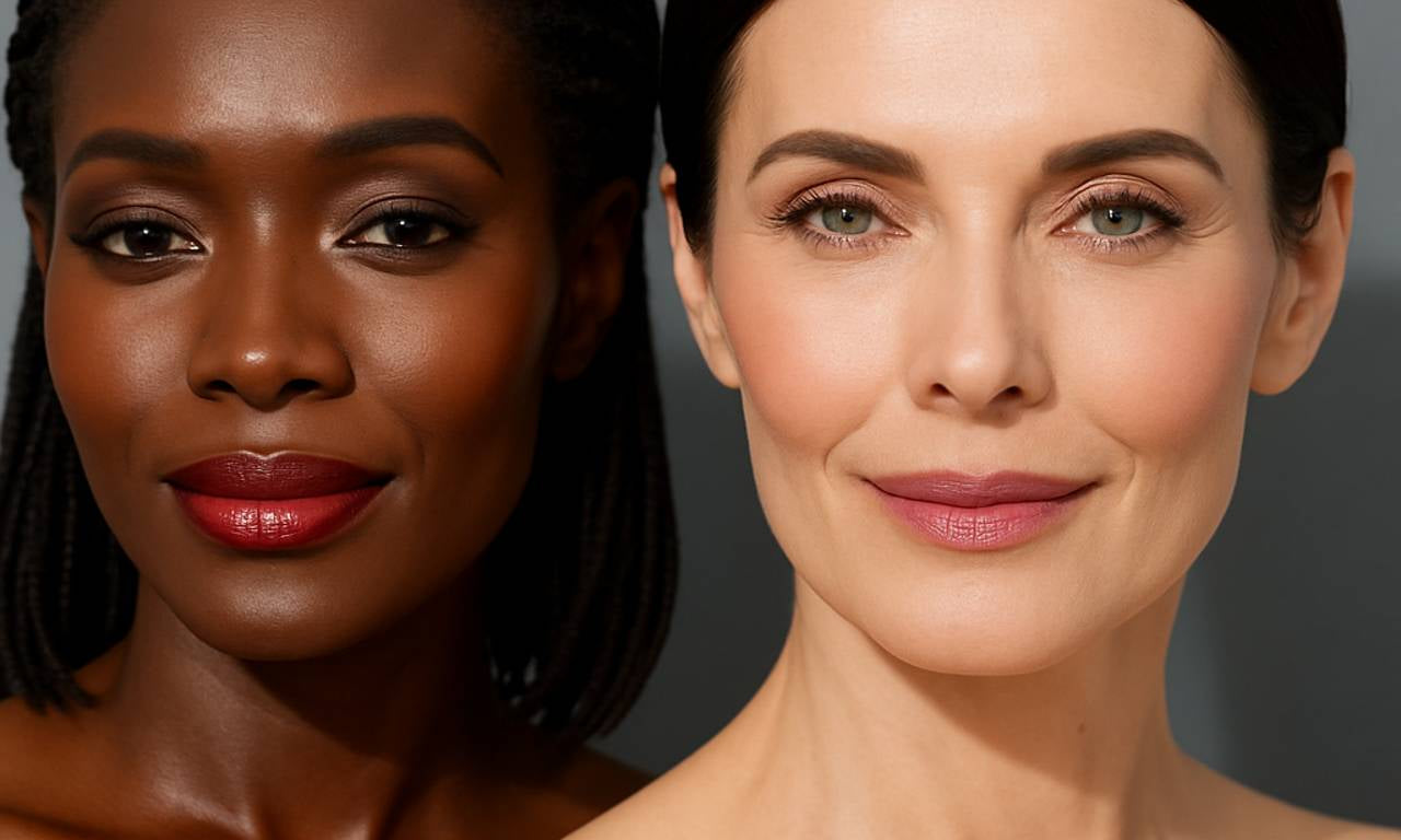 Two women with radiant natural glow makeup showcasing soft blush, defined eyes, and hydrating lipstick.