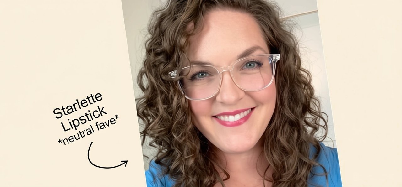 woman with curly hair wearing clear glasses and Starlette Lipstick, a neutral favorite shade by Red Apple Lipstick