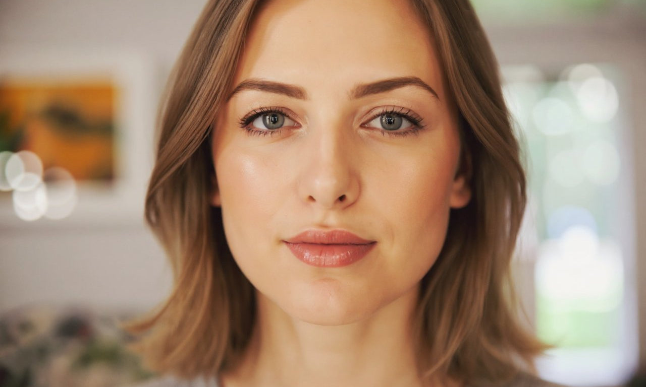 woman with fresh natural makeup look showing simple makeup style with soft lip color and subtle glow