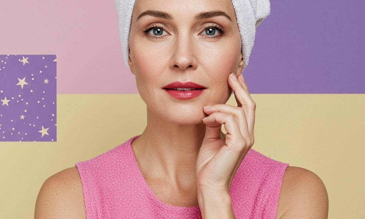 Woman with smooth lips and towel head wrap touching her face after gentle lip exfoliation routine