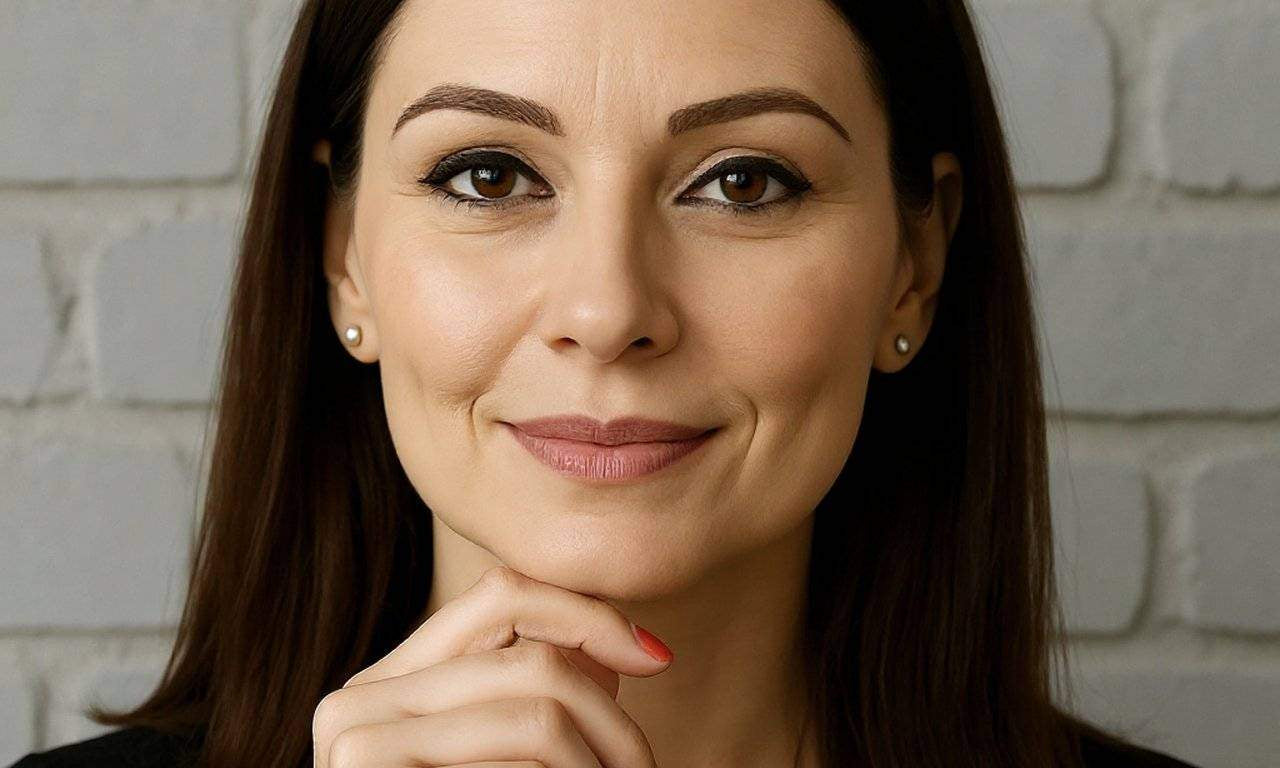 Woman with soft natural eyeliner look, defined lashes, and subtle neutral makeup against light brick background.