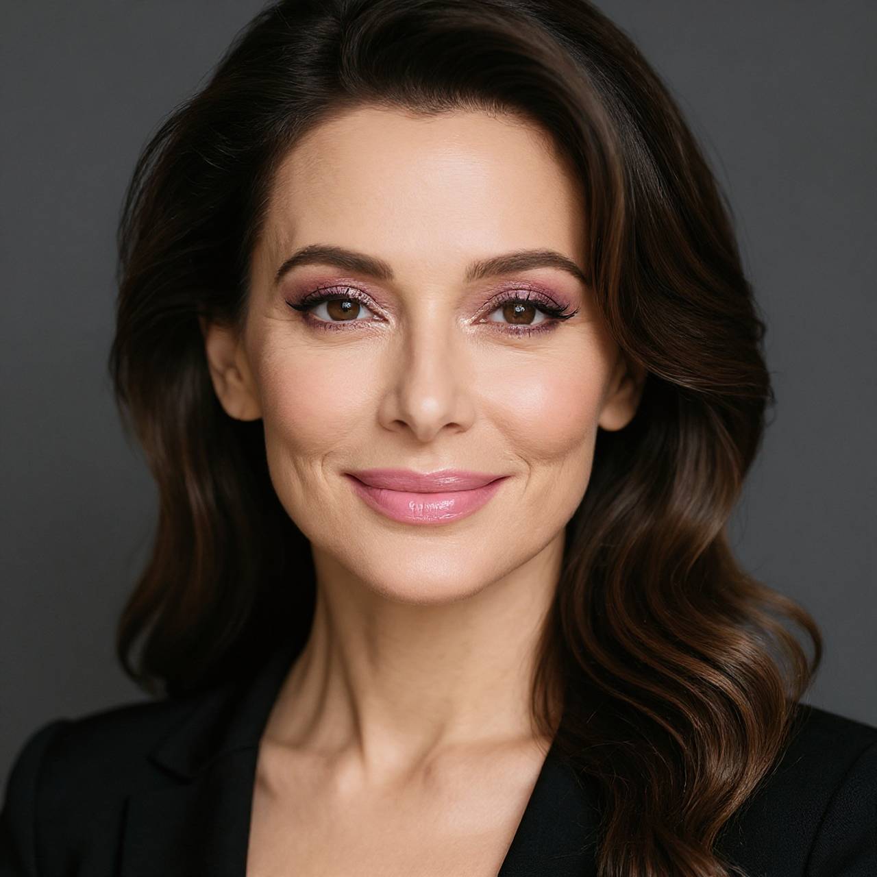 Woman with soft pink eye makeup, glossy pink lips, and gentle waves wearing a black blazer – best makeup look portrait.