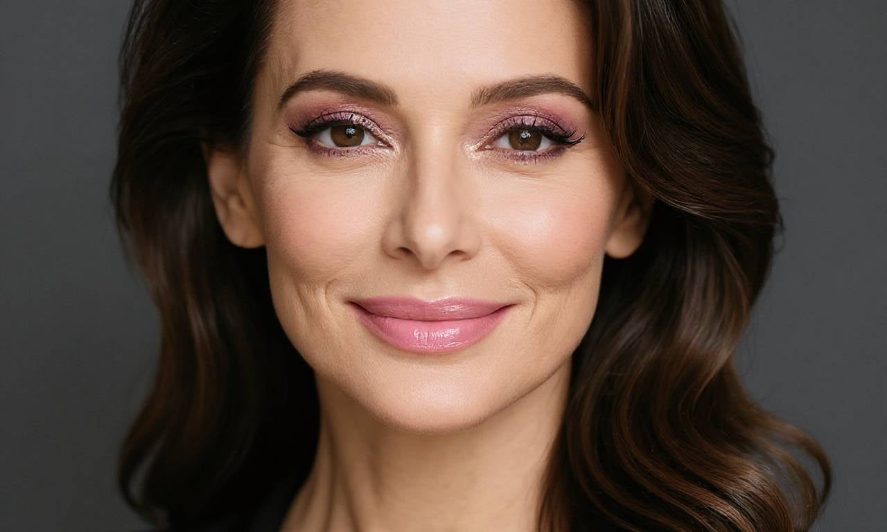 Woman with soft pink eye makeup, glossy pink lips, and gentle waves wearing a black blazer – best makeup look portrait.
