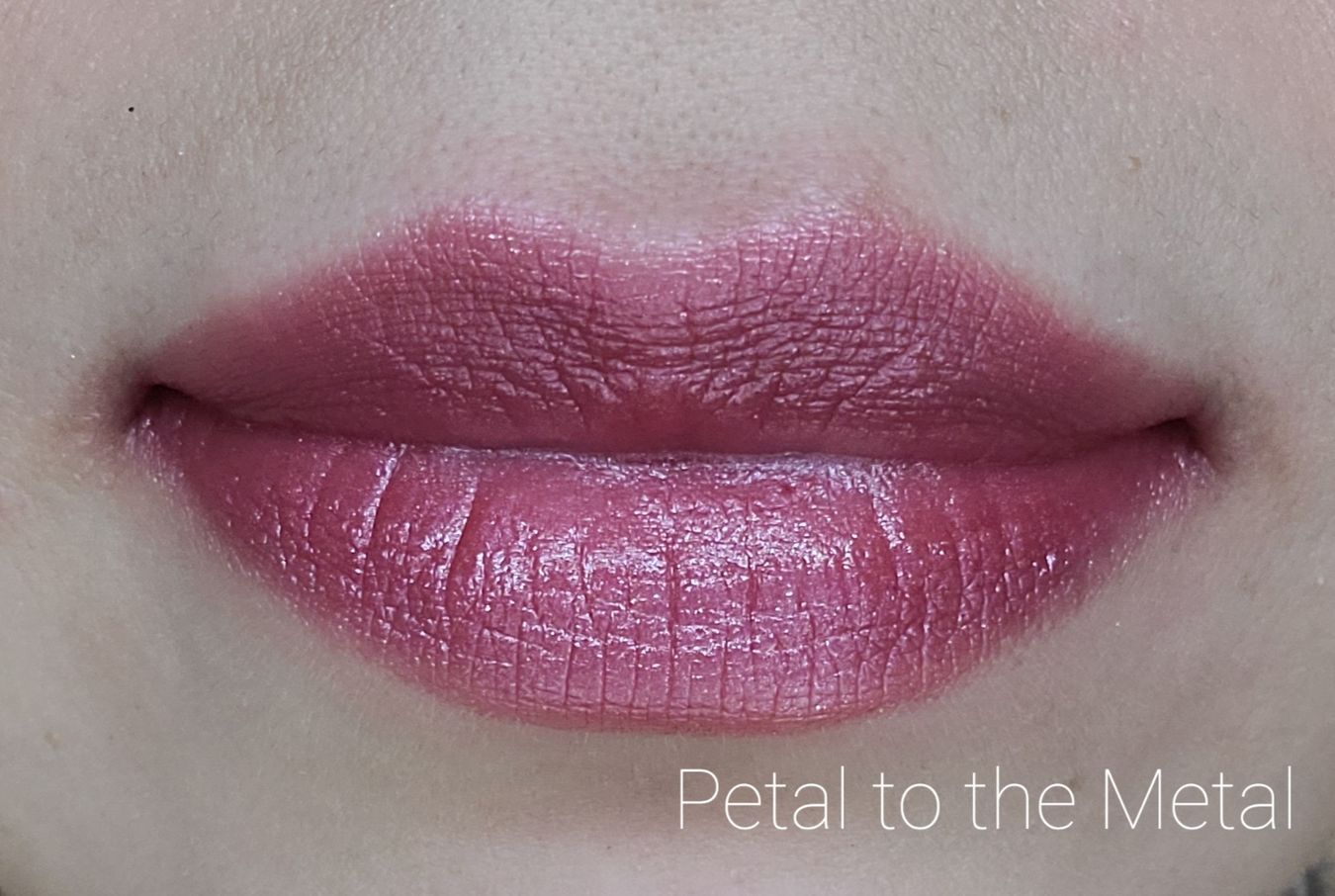 Image of close up lips wearing the lipstick in the shade called Petal To The Metal. A rosy mauve medium pink with hints of berry and slight shimmer.