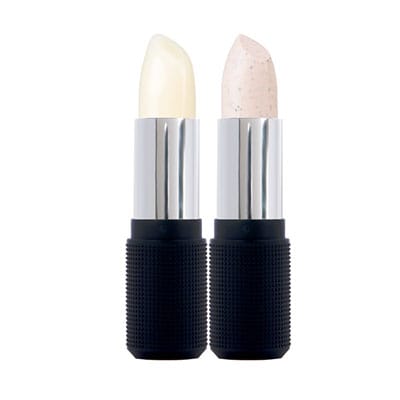 Image of Rallye Balm and Exfoliate stick duo by Red Apple Lipstick standing side by side with the cap off to show color/texture