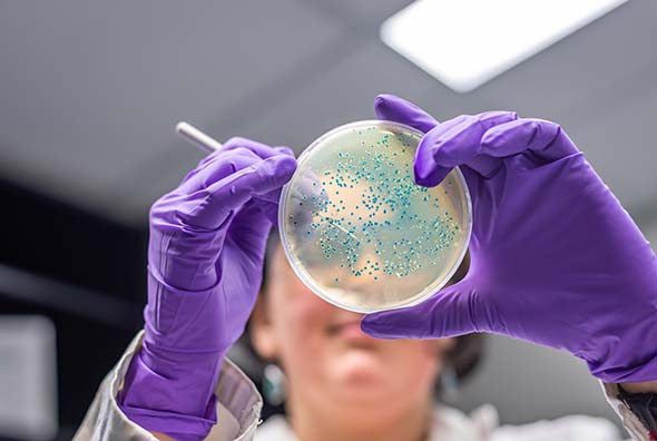 Image of a lab technician working with a cosmetics specimen to determine makeup expiration date.