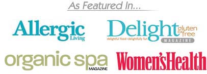 Graphic: as seen in Allergic living magazine, delight gluten free magazine, organic spa magazine, women's health magazine